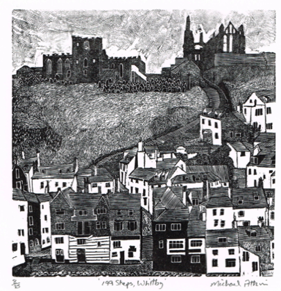 199 Steps Whitby wood engraving by Michael Atkin